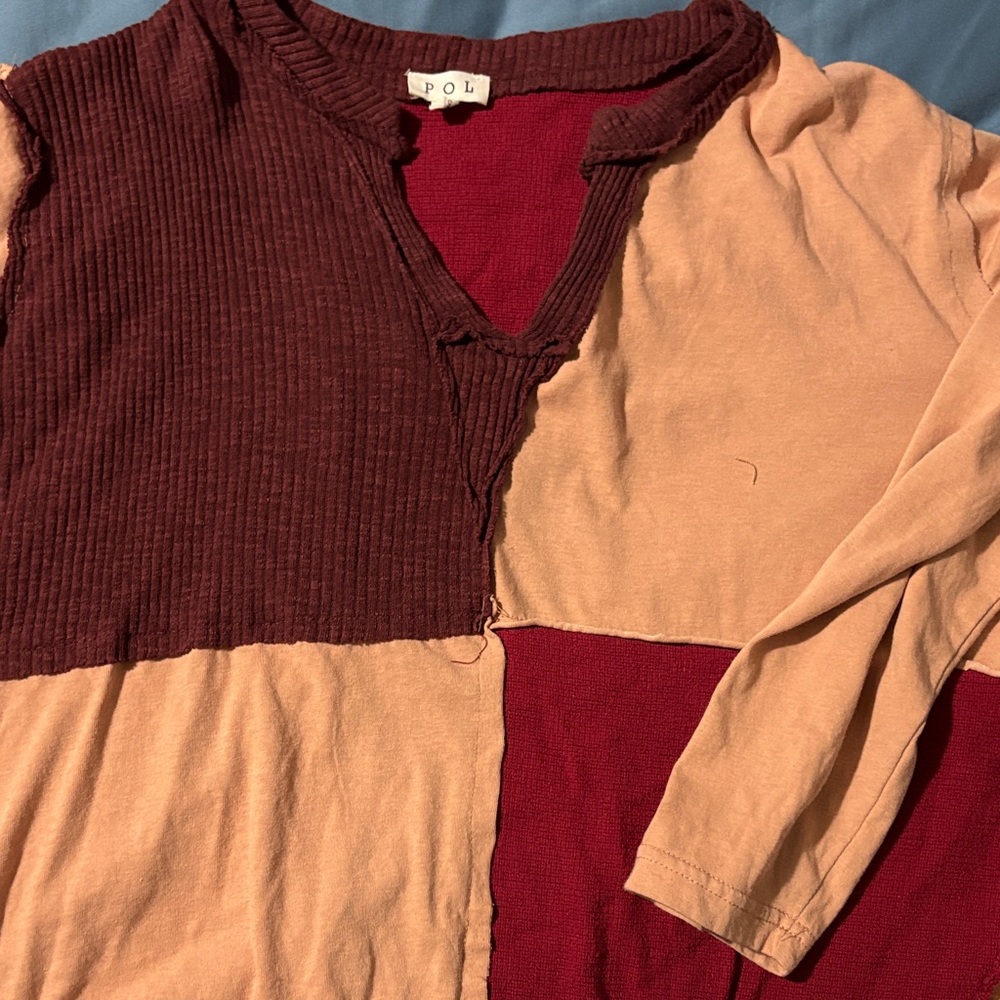 POL Burgundy and Tan Patchwork Top